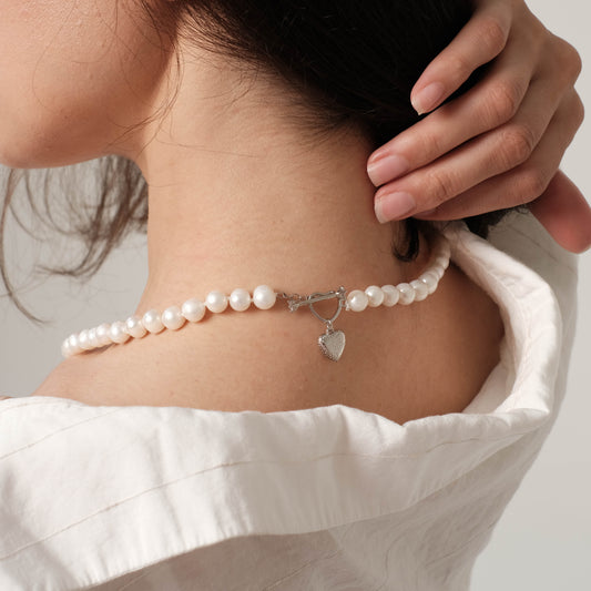 Natural pearl necklace "Silver heart"