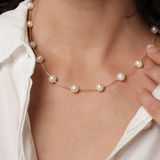 Paauksuota grandinėlė su natūraliais perlais, 7-8mm