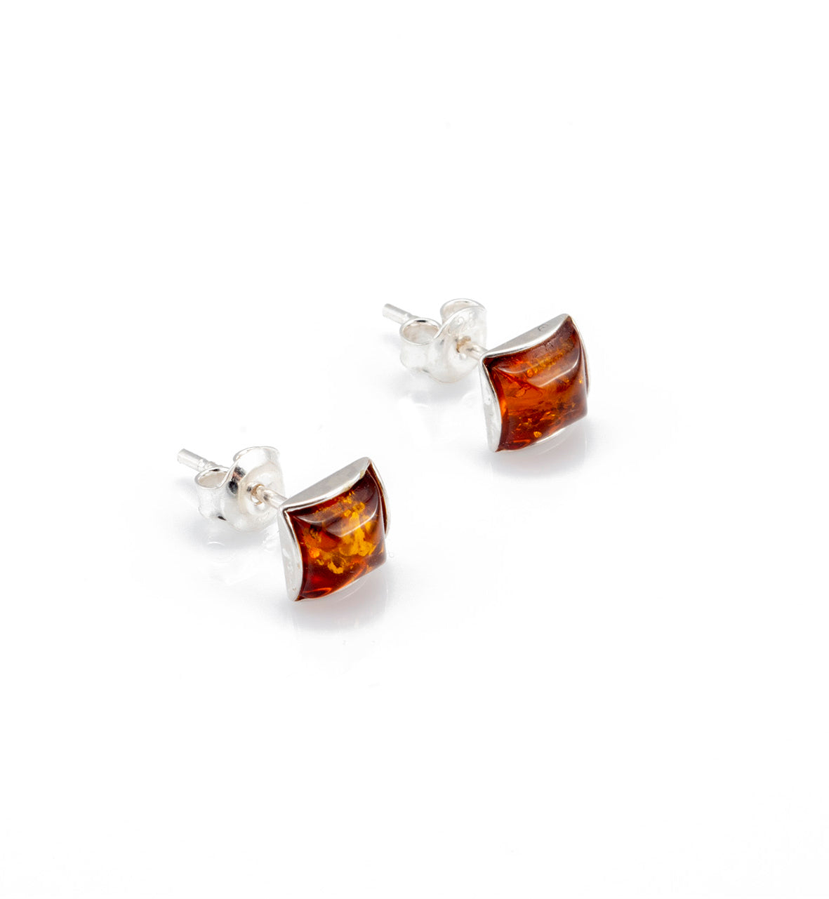 Sterling silver earrings with natural amber "Cognac, square, silver"