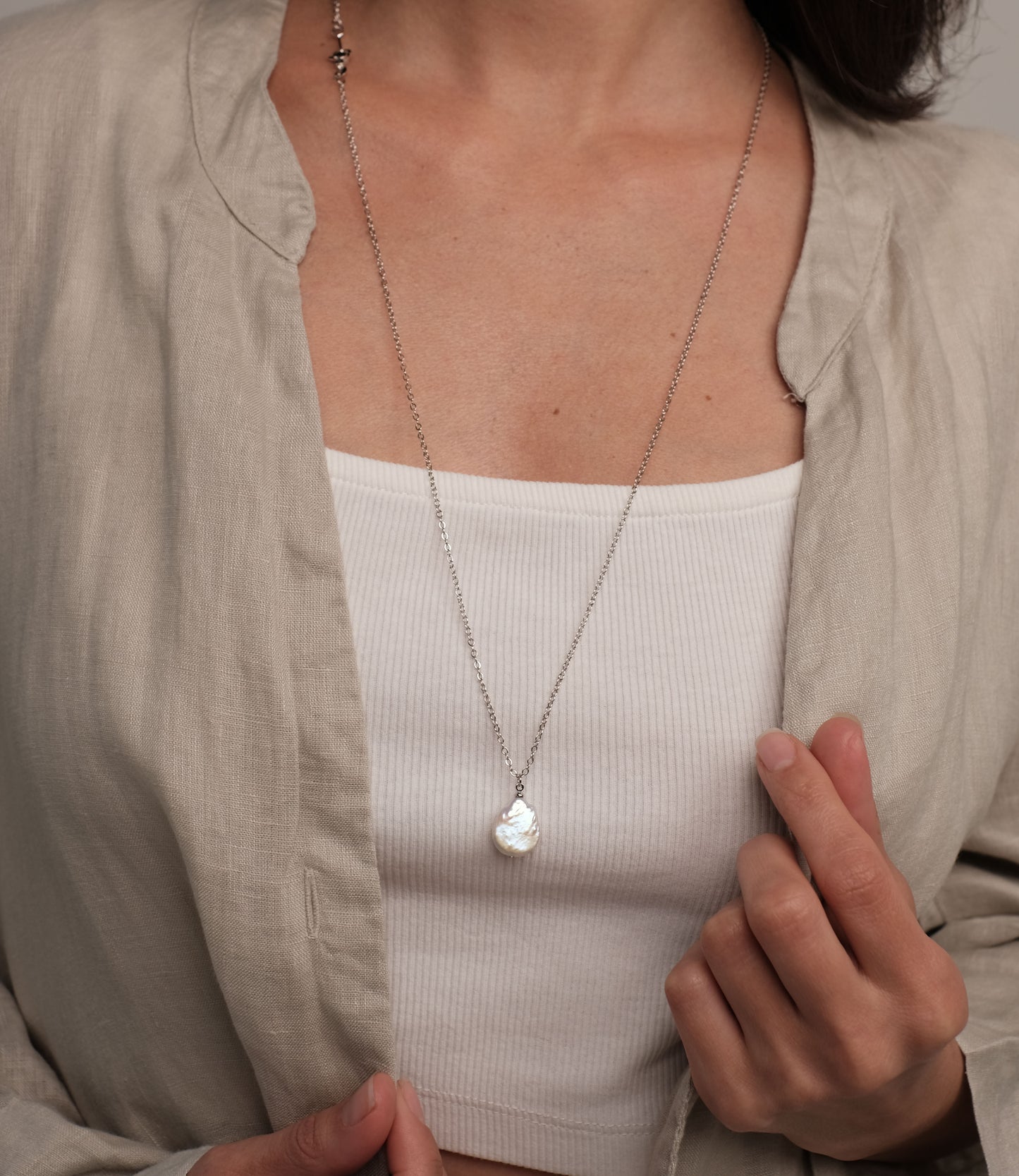 Silver plated necklace 70cm with natural Baroque pearl