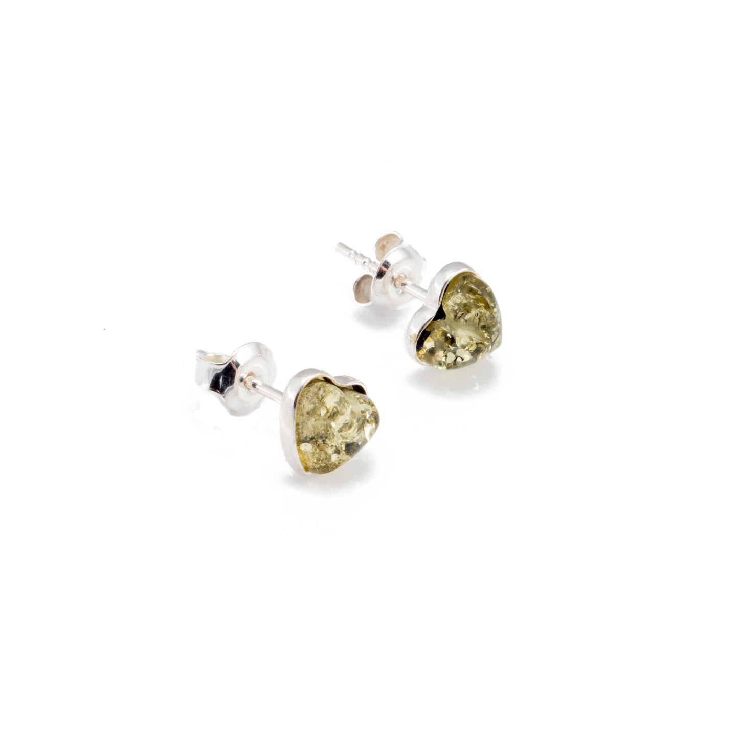 Sterling silver earrings with natural amber "Green/grey heart"