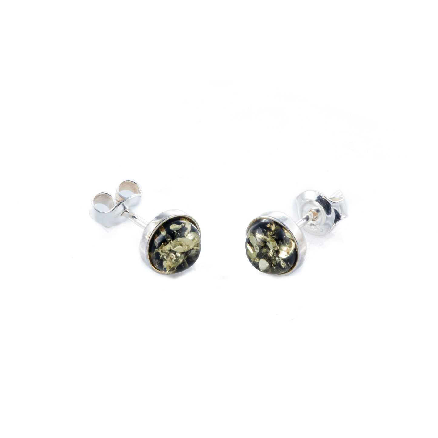 Sterling silver earrings with natural amber "Round, green, 7mm"