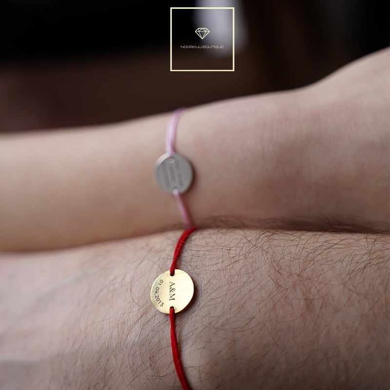 Silver plated bracelet with pink string and individual engraving