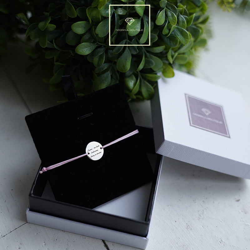 Silver plated bracelet with pink string and individual engraving