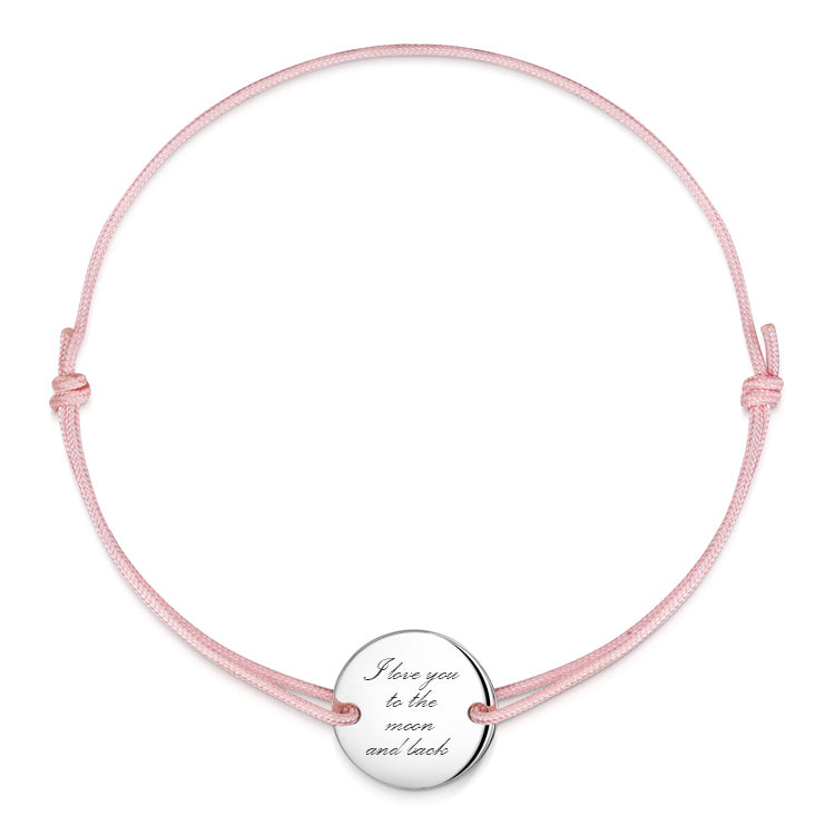 Silver plated bracelet with pink string and individual engraving