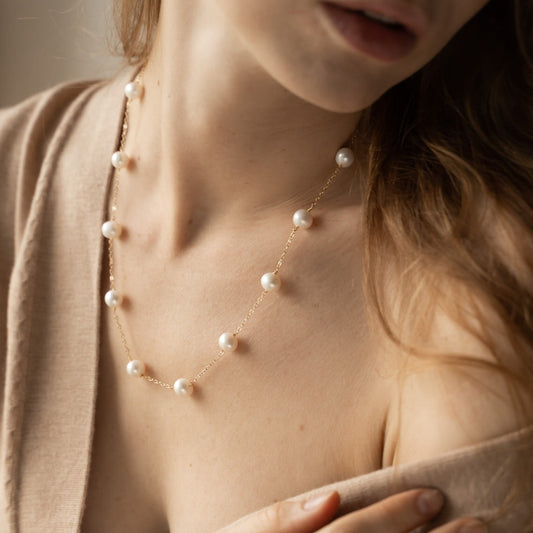 Paauksuota grandinėlė su natūraliais perlais, 7-8mm