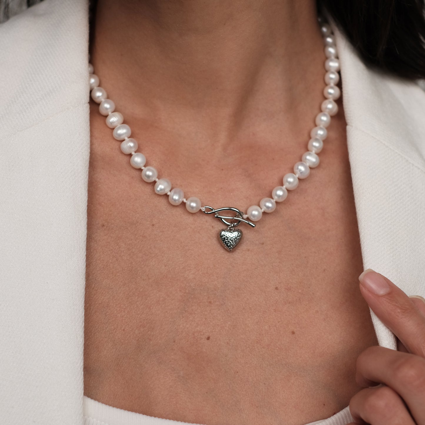 Natural pearl necklace "Silver heart 2"