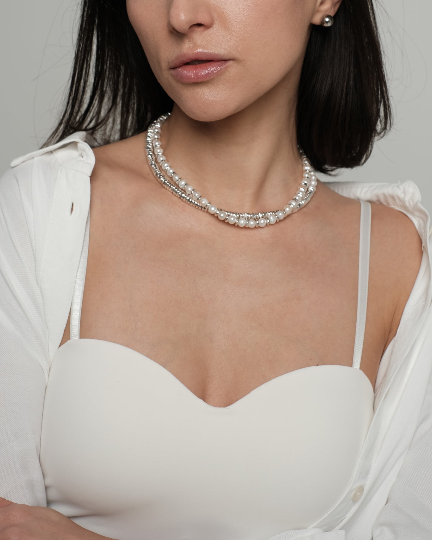 Natural pearl and hematite necklace "Silver 2"