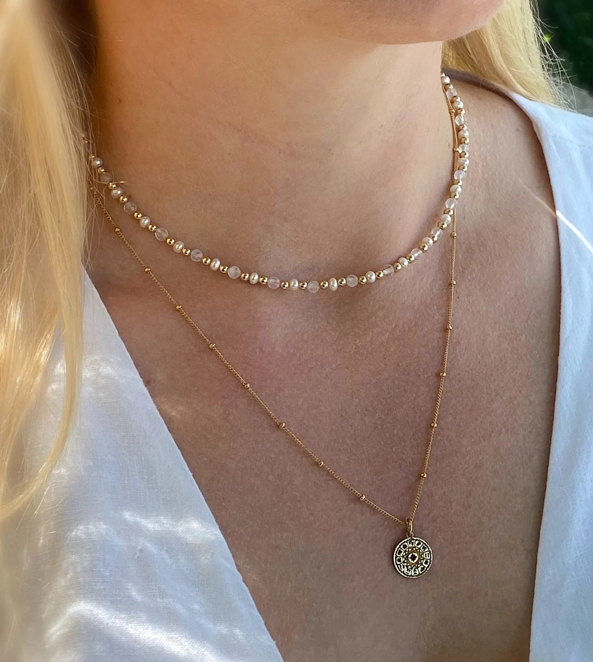 Natural moonstone and pearl necklace"Moony"