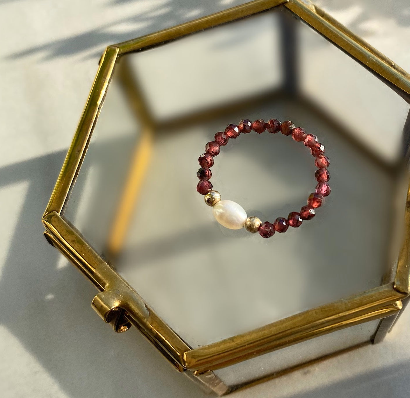 Garnet ring + silver detail + pearl