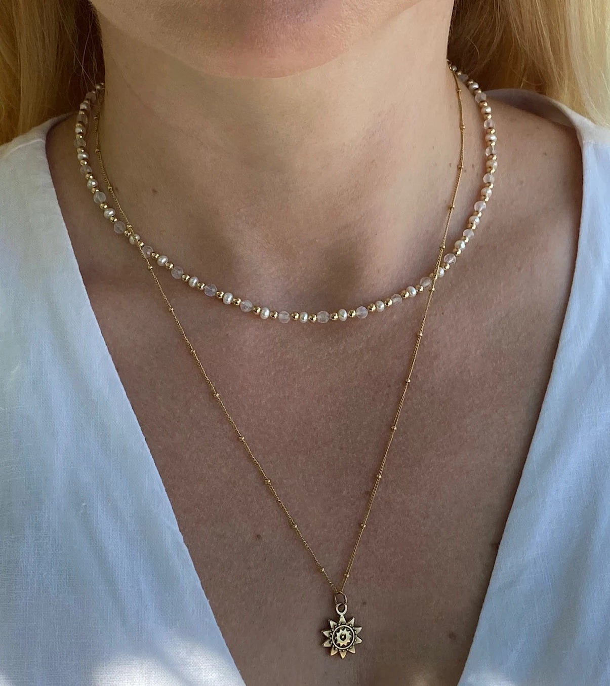 Natural moonstone and pearl necklace"Moony"