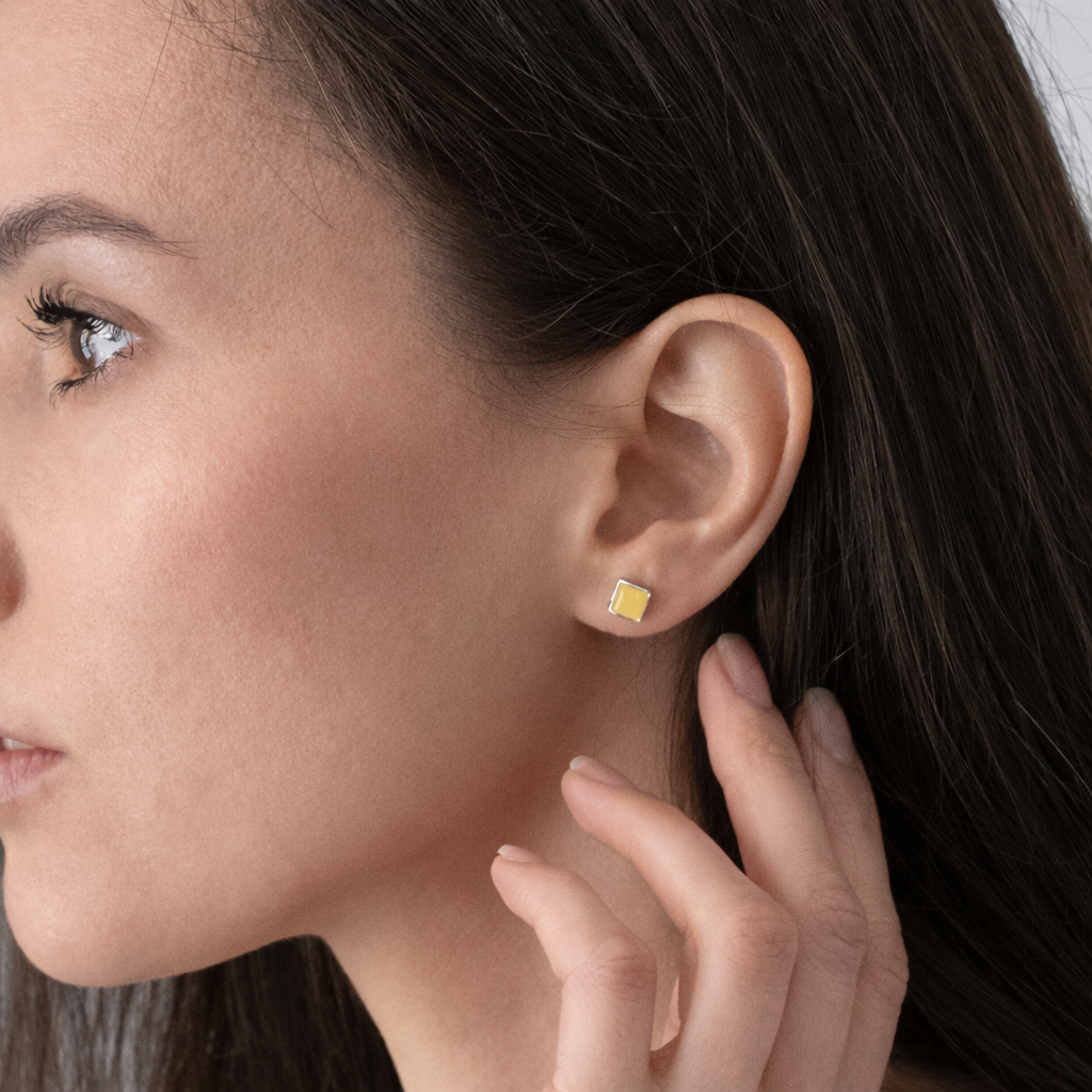 Sterling silver earrings with natural amber "Yellow, square, silver"