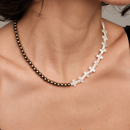 Mother of pearl and hematite necklace "Cross"