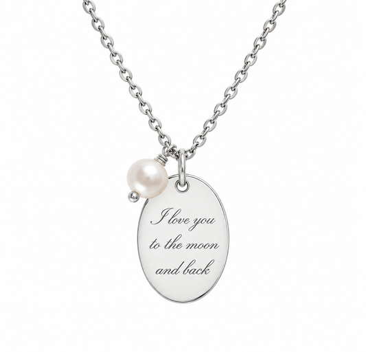 Silver plated necklace with Your engraved text + pearl