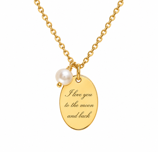 Gold plated necklace with Your engraved text + pearl