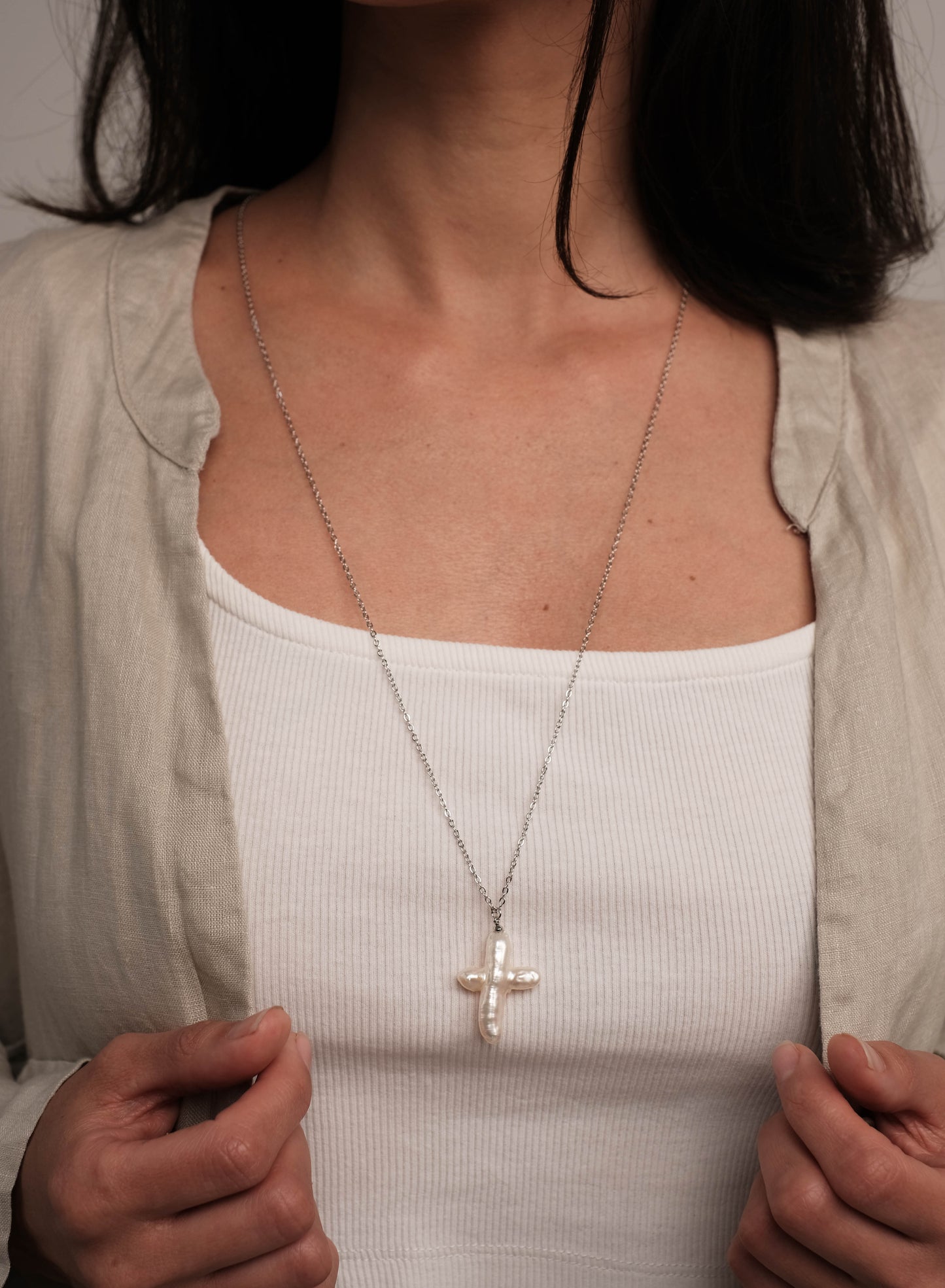 Silver plated necklace 70cm with natural Baroque pearl