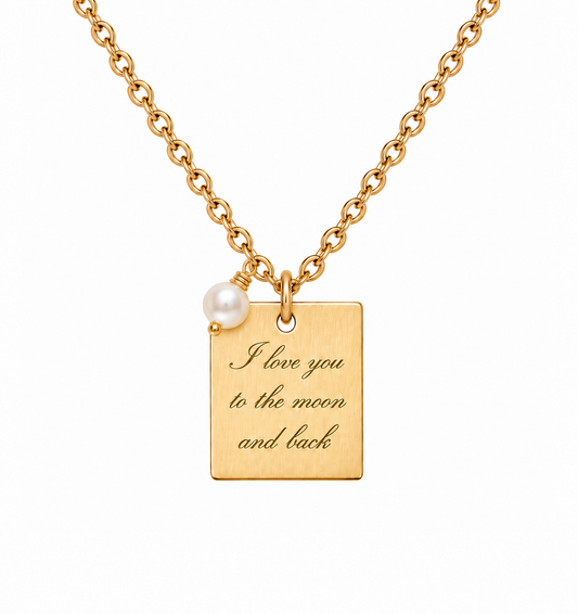 Gold plated necklace with Your engraved text + pearl