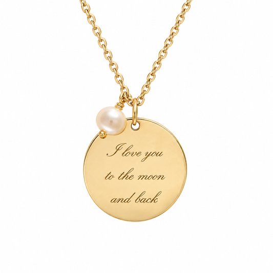 Gold plated necklace with Your engraved text + pearl