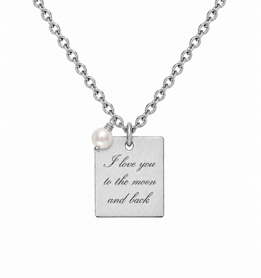 Silver plated necklace with Your engraved text + pearl