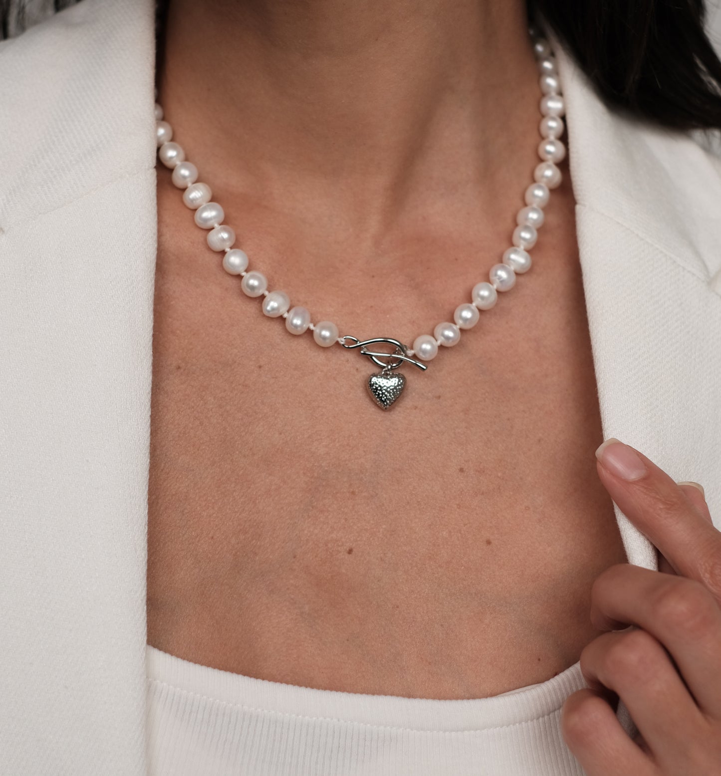 Natural pearl necklace "Silver heart 2"