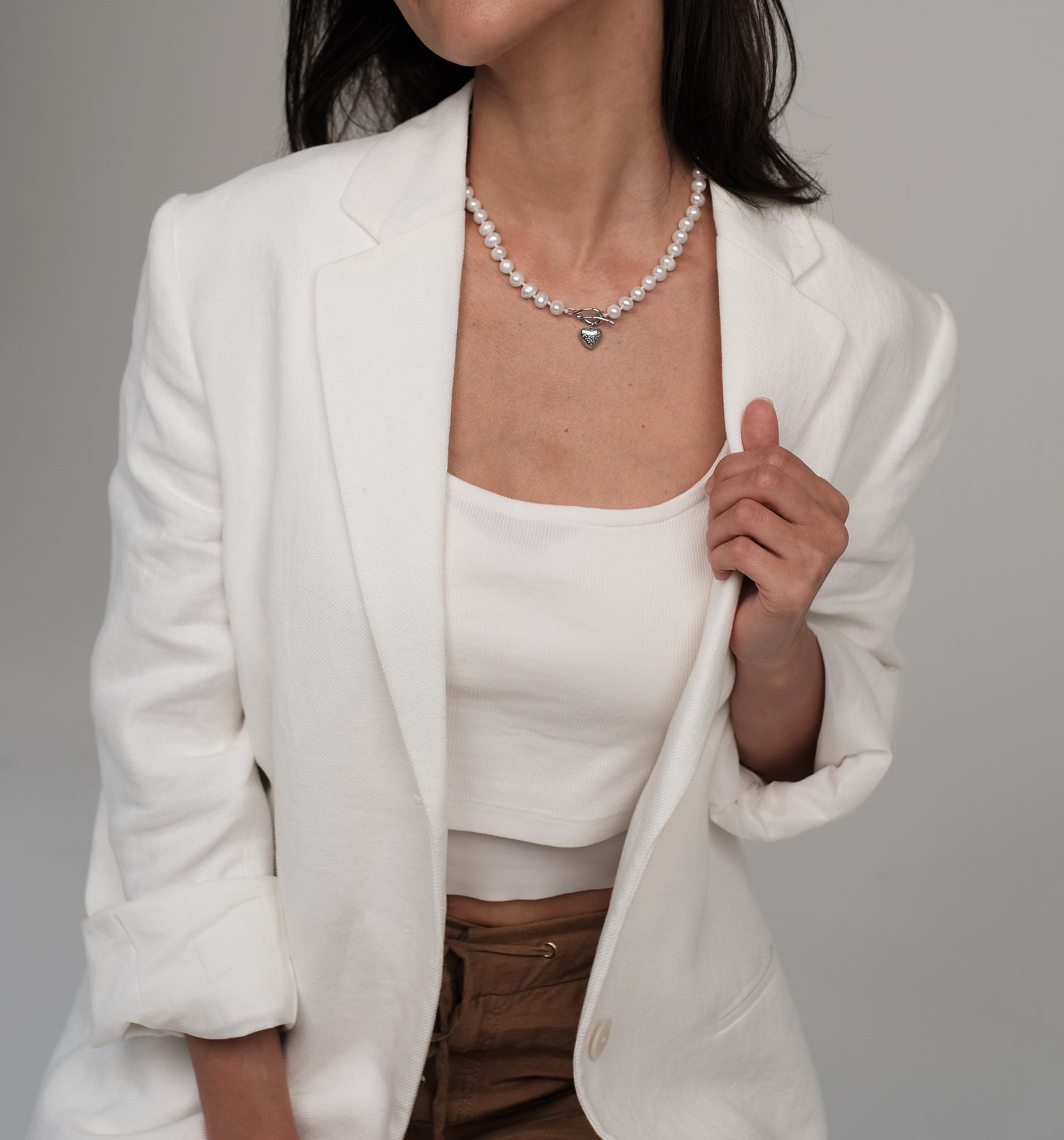 Natural pearl necklace "Silver heart 2"