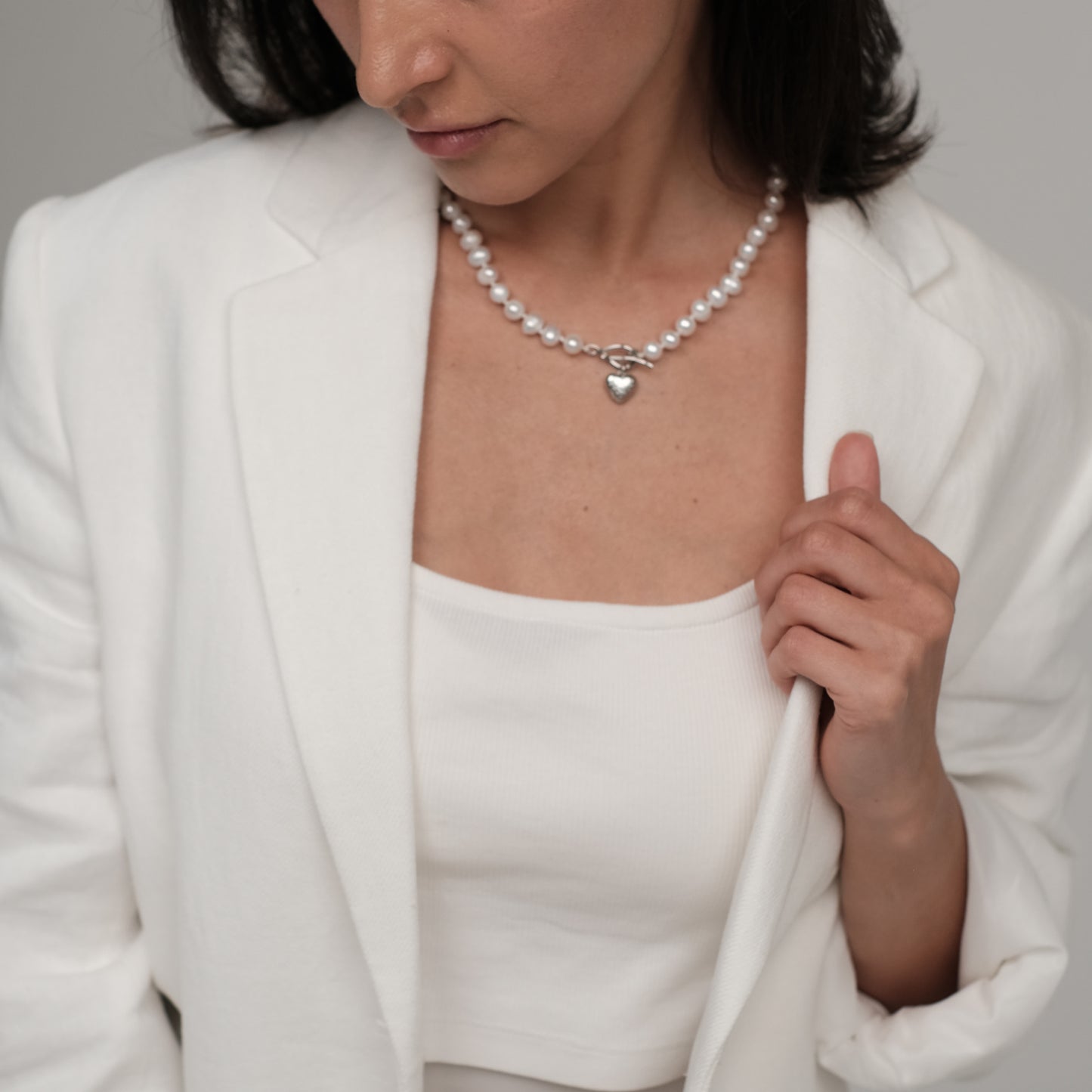 Natural pearl necklace "Silver heart 2"