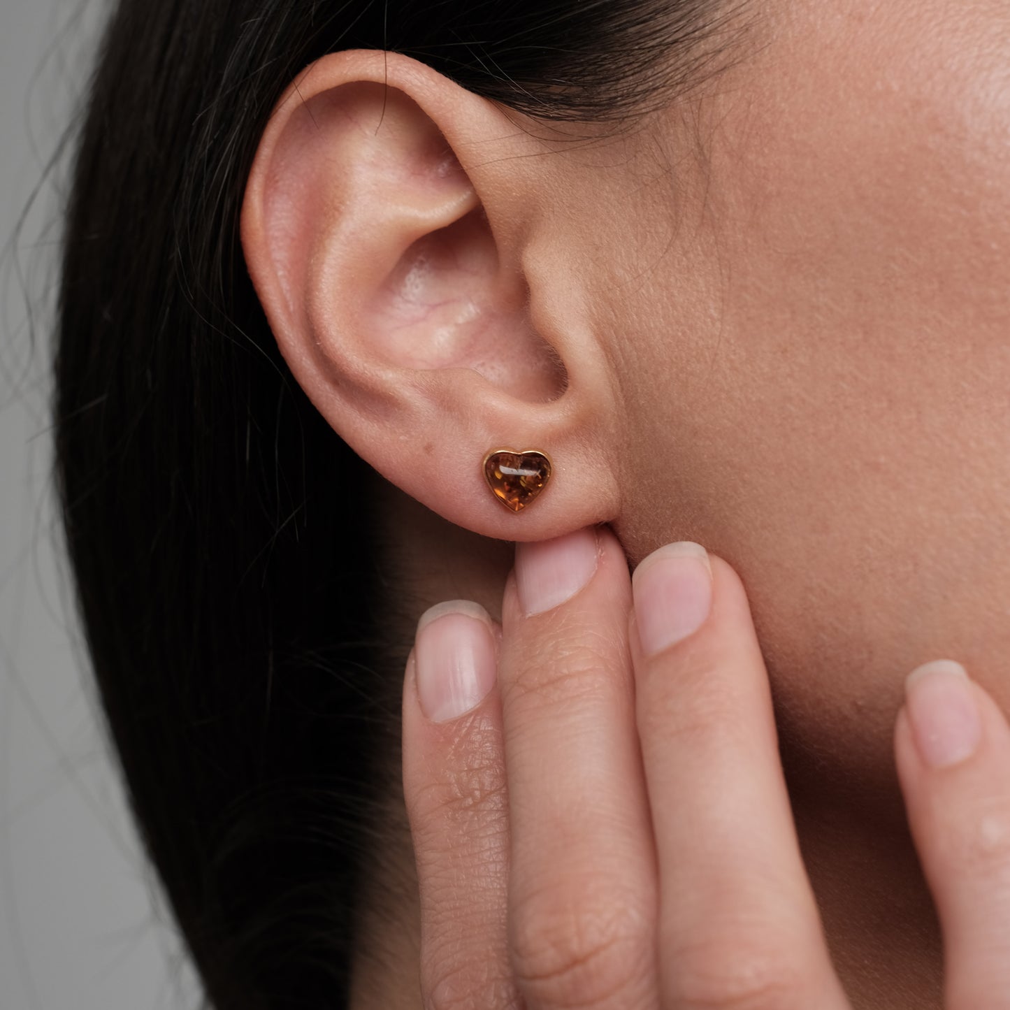 Sterling silver gold plated earrings with natural amber "Cognac heart"