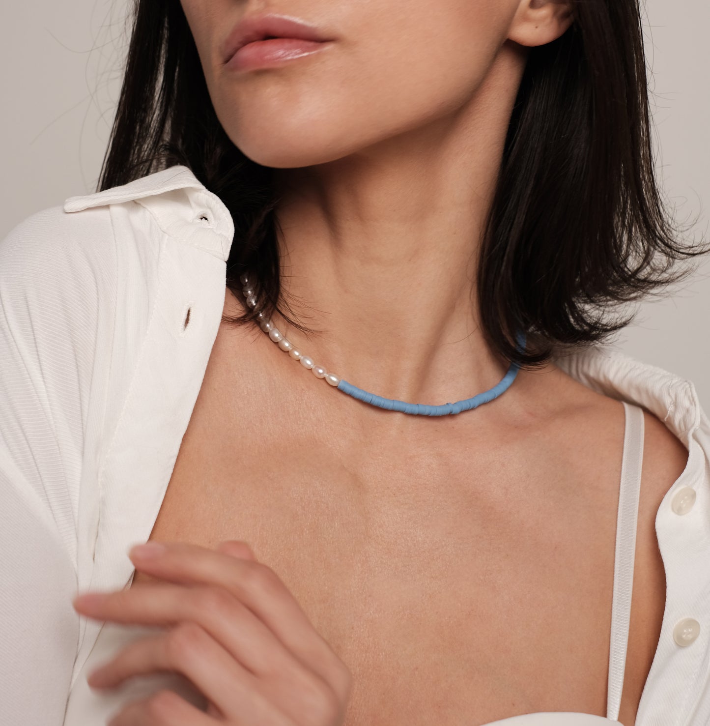 Natural pearl necklace "Light blue"
