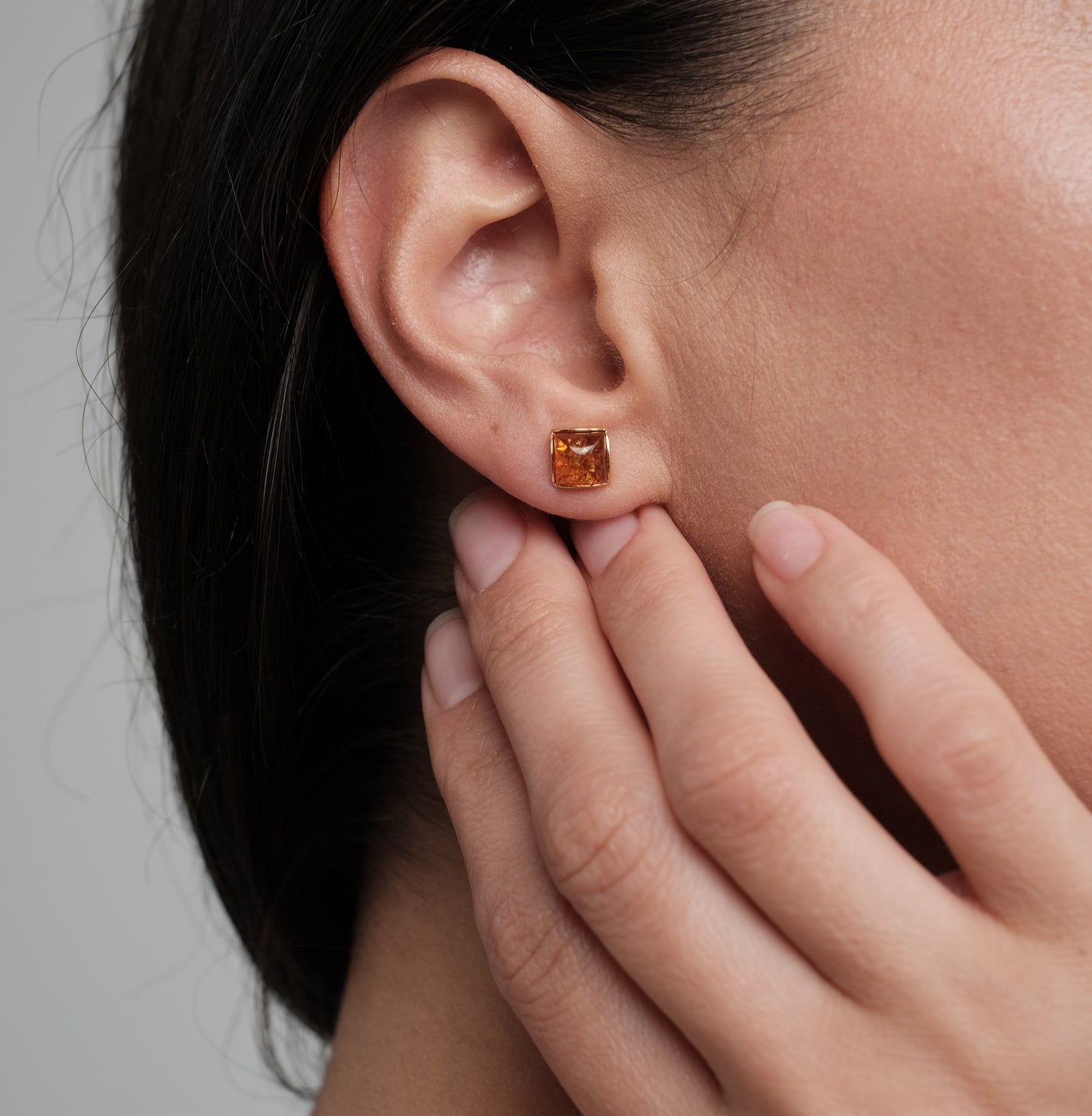 Sterling silver gold plated earrings with natural amber "Cognac square"