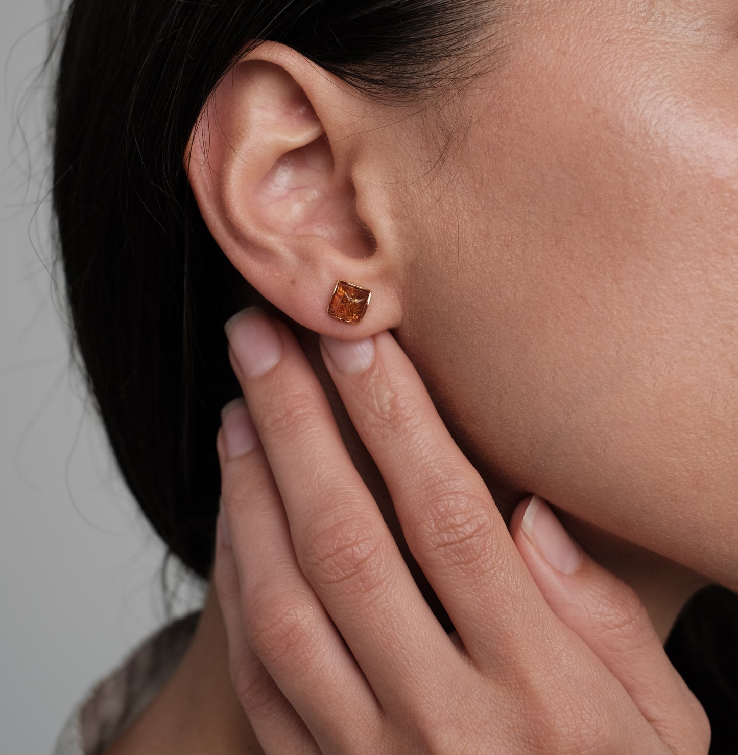 Sterling silver gold plated earrings with natural amber "Cognac square"