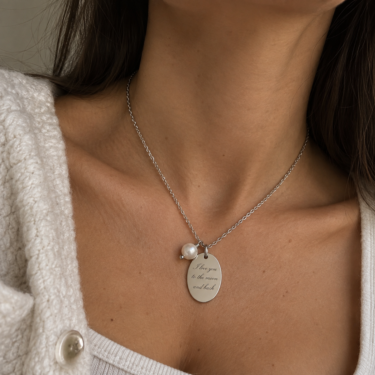 Silver plated necklace with Your engraved text + pearl