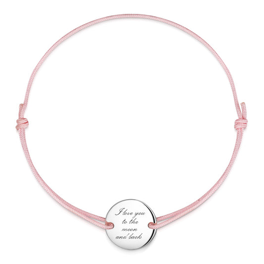 Silver plated bracelet with pink string and individual engraving