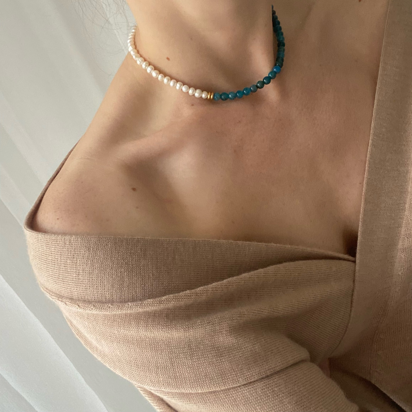 Natural pearl and apatite necklace "Elza"